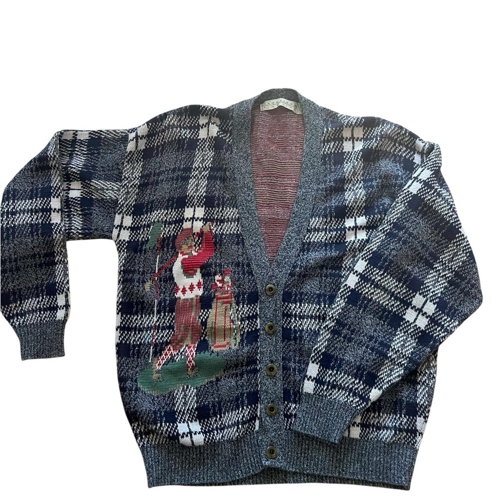 VTG Crossing Fine Line L Men Golfer Graphic Plaid Cardigan Sweater Blue and Gray